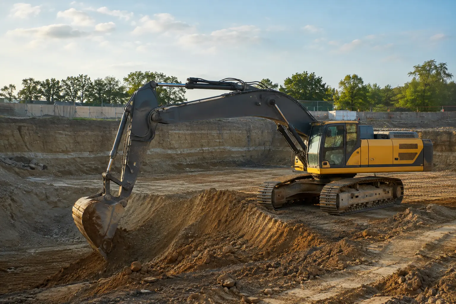 Tracked excavator completing basement excavation and earthworks